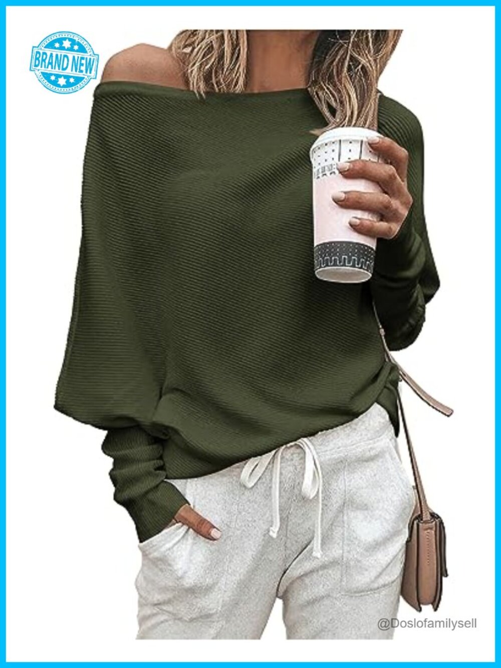 Off Shoulder Sweater Knit Pullover Batwing Long Sleeve Loose Fit Top